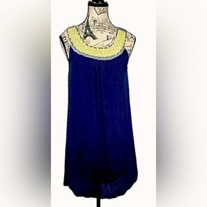 Tenki Elegant Navy Fun Flirty Blue Sleeveless Dress White Beading Lined size S